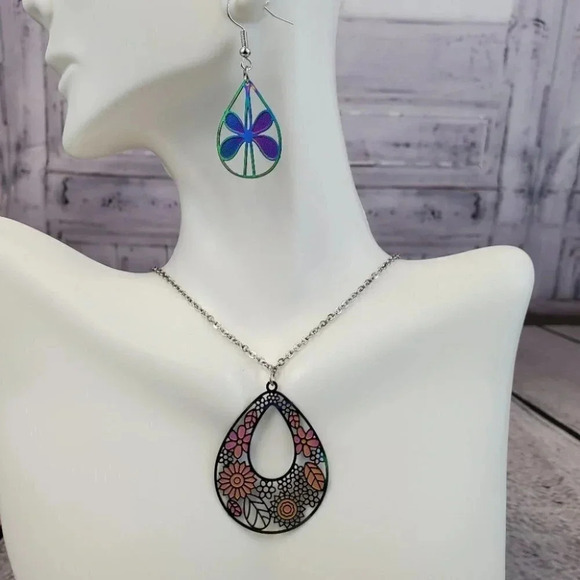 Iridescent Flower Earrings with Floral Teardrop Necklace Set - Picture 7 of 12